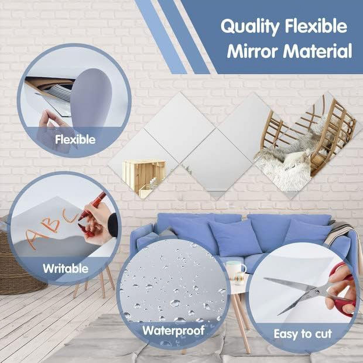 Acrylic Flexible Mirror Sheets, 12 x 12 in Mirror Tiles Self Adhesive Square Cuttable Mirror Wall Stickers Non Glass Acrylic Safety Reflective Mirror for DIY Craft Home Wall Decoration