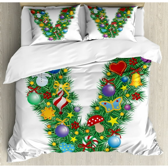 Letter V Duvet Cover Set Queen Size, Ornament Christmas Tree Design Capitalized V Festive Elements Bells Candies Print, Decorative 3 Piece Bedding Set with 2 Pillow Shams, Multicolor, by Ambesonne