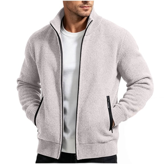 MaFYtyTPR Men's Zippered Sweater Jacket Stand Collar Long Sleeve Knit Cardigan with Pockets Casual Fall Winter Warm Outerwear A-Beige L