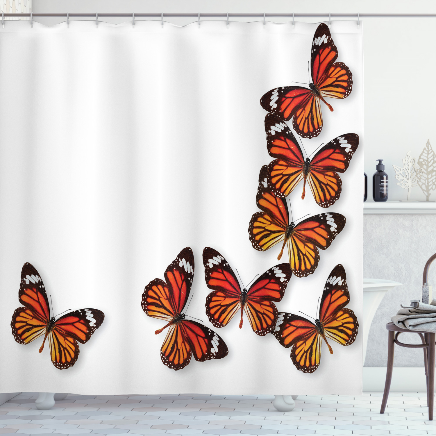Butterflies Shower Curtain, Monarch Butterfly Figures Flying Frame Insect Exotic Weather, Fabric