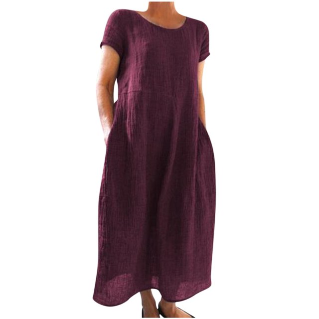 CHOK Robes en Lin de Coton pour Femmes Été Manches Courtes Décontractées Longueur Midi Robes Taille Midi Ample
