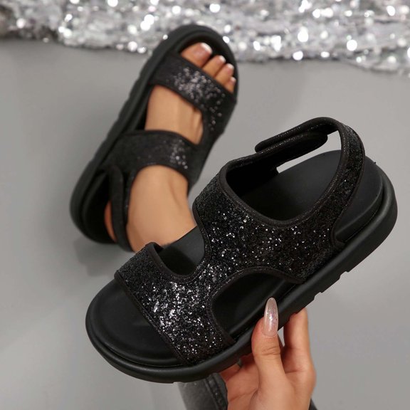 Xucatan Women's Glitter Platform Sandals, Sequin Round Toe Flats with Cutout Strap, Sparkly Hook and Loop Adjustable Shoes, Versatile Summer Casual Footwear Gift