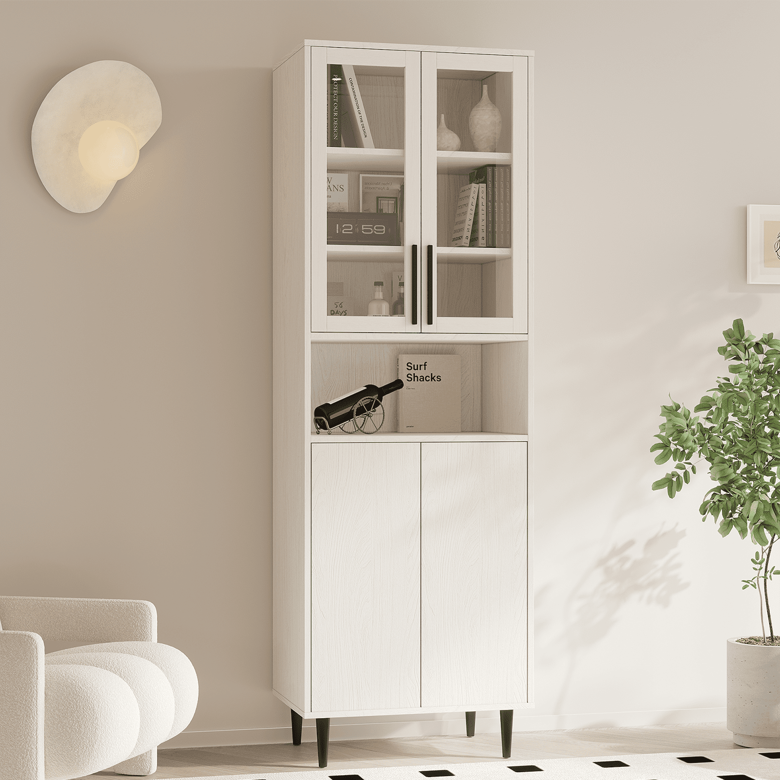 RichYa 71"H Tall Bookcase with Glass Door,4 Doors Display Bookshelf with Metal Legs,6 Tier Storage Cabinets for Living Room,Home Office,White