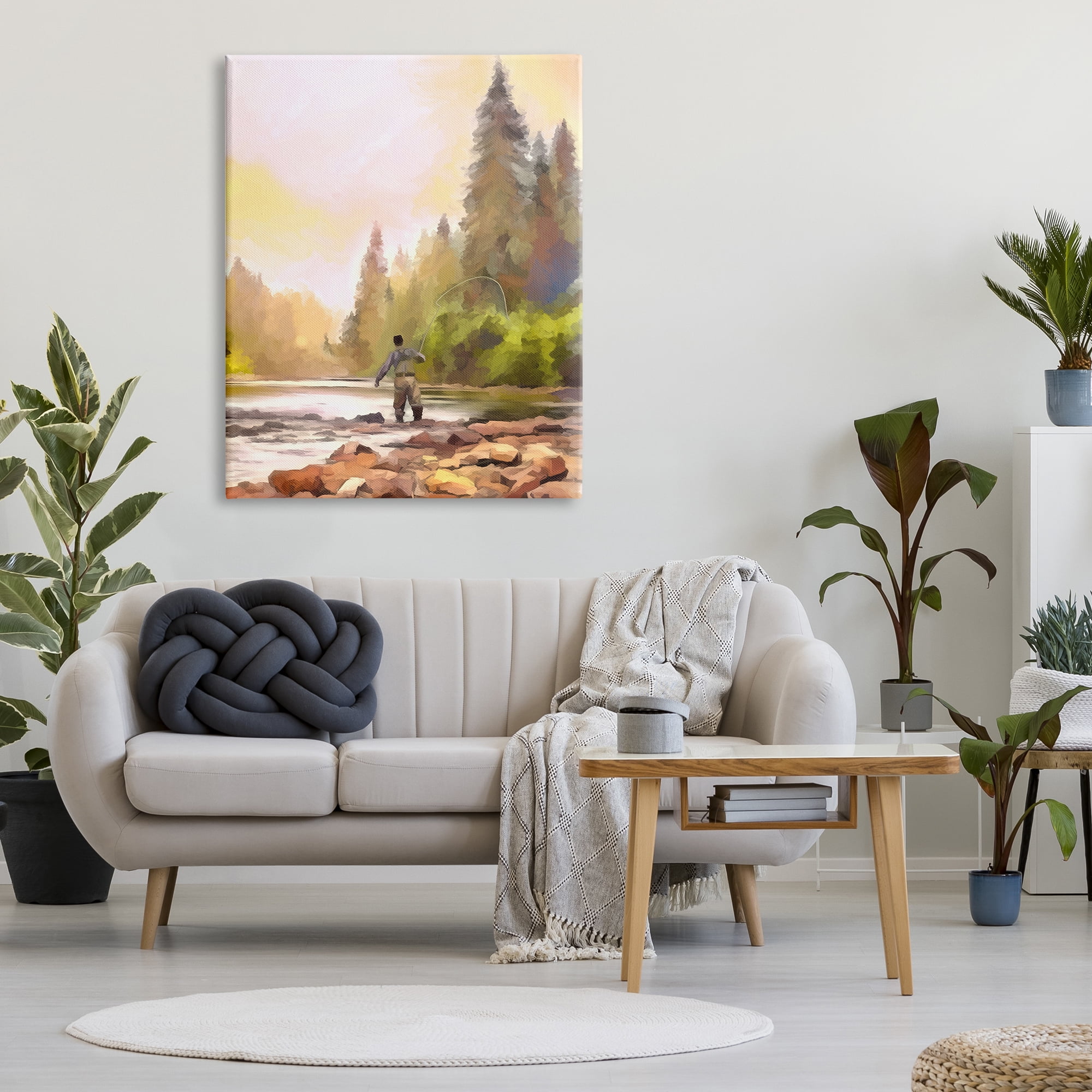 Stupell Industries Fly Fishing at Lake Nature Painting Gallery Wrapped Canvas Print Wall Art, 36 x 48