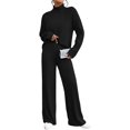 thumbnail image 3 of Conjunto de 2 piezas para mujer, de punto acanalado, cuello alto, manga larga, suéter, conjunto de pijama, pantalones de pierna ancha, conjuntos de salón, chándal, 3 of 5