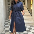 thumbnail image 6 of Oplxuo Womens Summer Beach 2025 Casual Midi Dresses V Neck Collared Short Sleeve Button Down Shirt Belted Dress with Pockets, 6 of 7