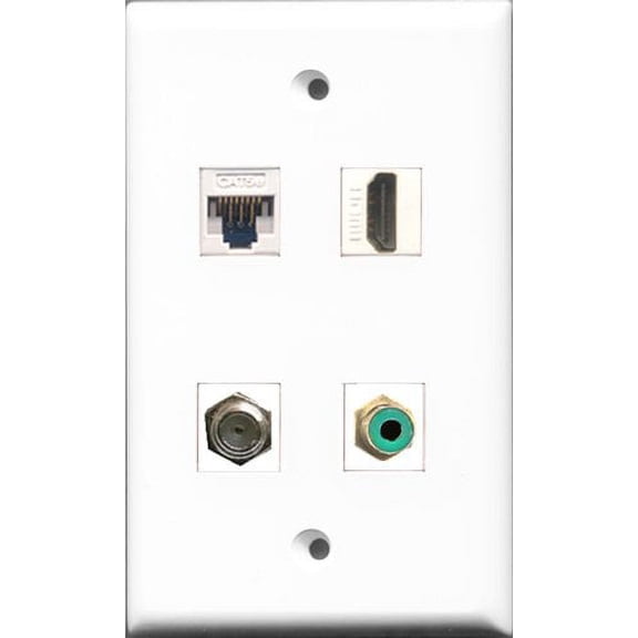RiteAV - 1 Port HDMI and 1 Port RCA Green and 1 Port Coax Cable TV- F-Type and 1 Port Cat5e Ethernet White Wall Plate