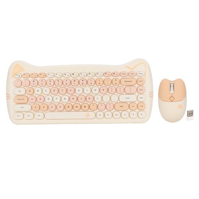 Teclado y ratón inalámbricos de 2,4 G con forma de gato, tecnología de bajo consumo, combinación de teclado y ratón inalámbricos para juegos, color té con leche