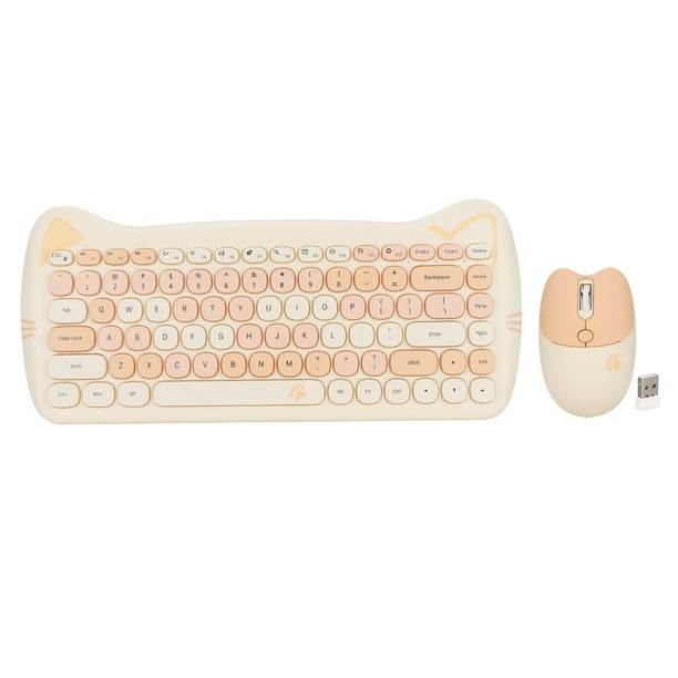 Teclado y ratón inalámbricos de 2,4 G con forma de gato, tecnología de bajo consumo, combinación de teclado y ratón inalámbricos para juegos, color té con leche
