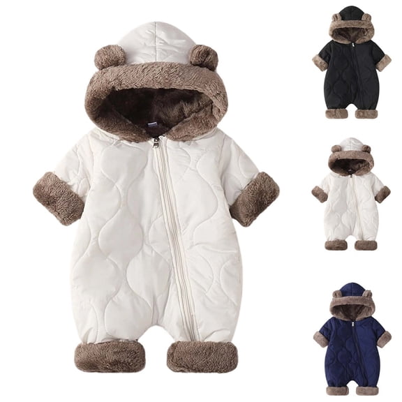 PureCasa Snowsuit for Toddler Kids Boys Girls 0-24 Months Solid Color Hooded Winter Outfit Clothes Warm Bear Onesie Zipper Coat Jumpsuit Romper