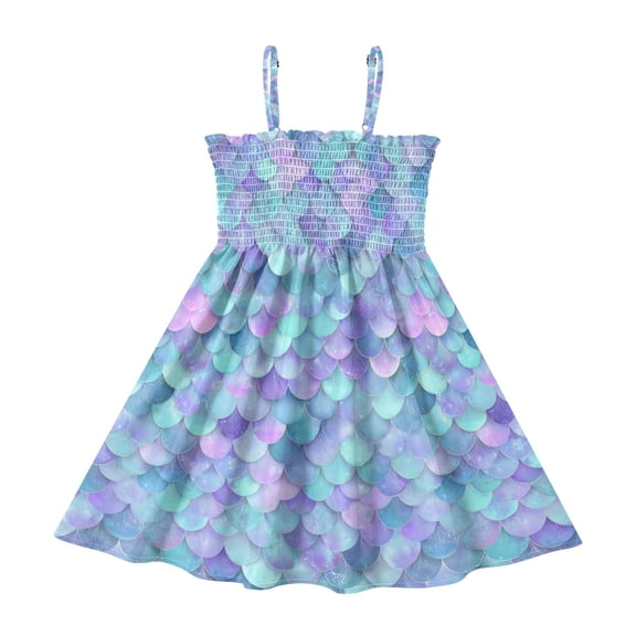 Little Girls Sleeveless Sundress Pleated Ruffle Trim Smocked Top Casual Spaghetti Strap Summer Dress Glittering Mermaid Scales 2Y