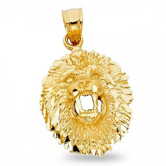 Lion Head Charm 14k Yellow Gold Leo Pendant Zodiac Sign Diamond Cut Polished Solid 21 x 18 mm