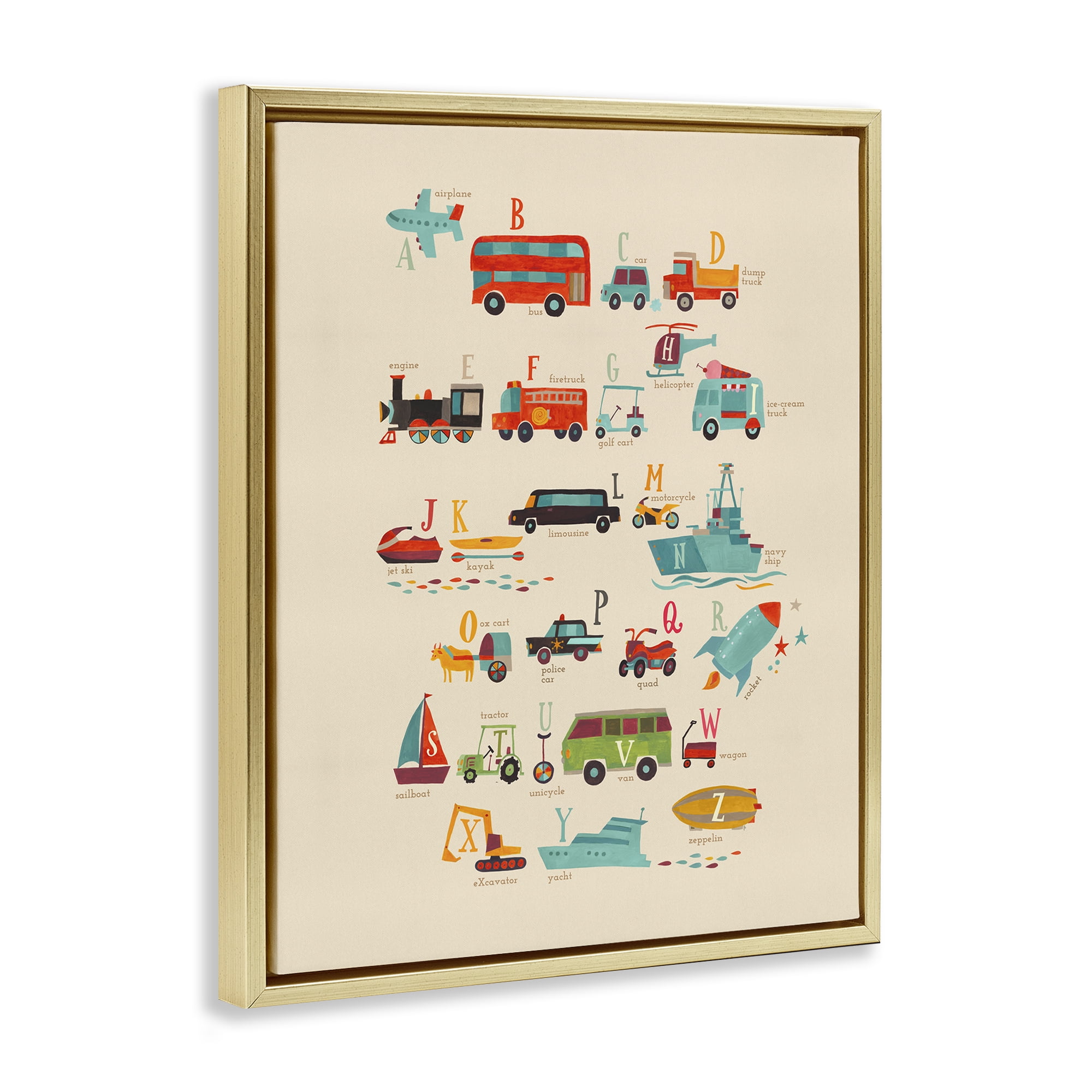 Stupell Industries Transportation AZ Alphabet Education Painting Gold Floater Framed Canvas Art Print Wall Art, 25 x 31
