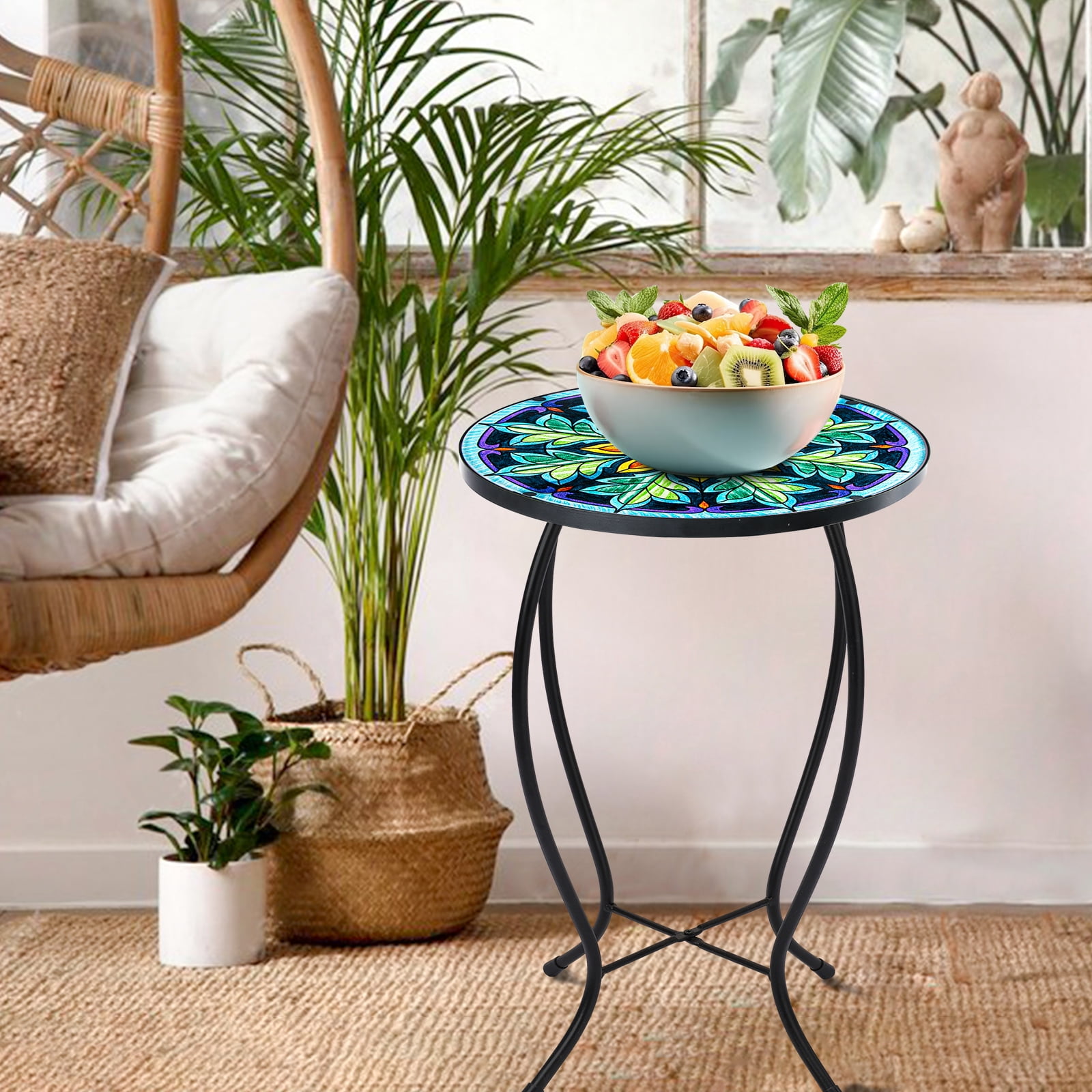 Stained Glass Floral Mandala Side Table – Round Accent Table, Indoor/Outdoor End Table,Indoor/Outdoor Patio/Living Room Decor