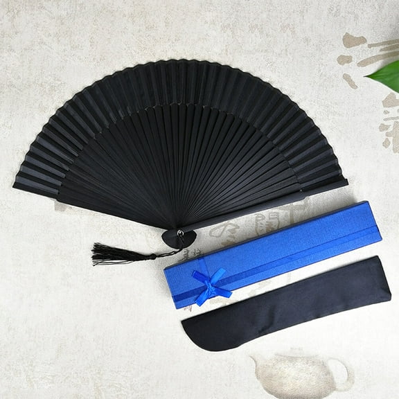 MLINS Men's Black Silk Folding Fan Sturdy Handheld Fan with Storage Bag Ideal for Weddings and Gifts 10.5 Inches