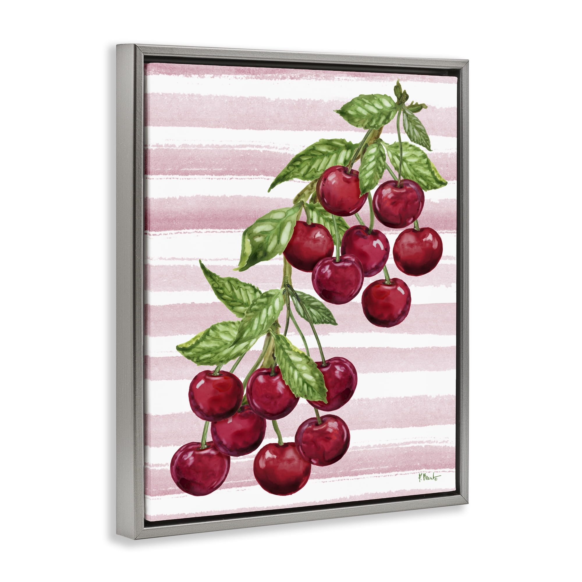 Stupell Industries Juicy Cherry Vine on Stripes Gray Framed Floater Canvas Wall Art, design by Paul Brent