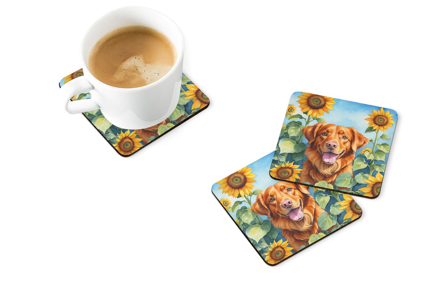 Nova Scotia Duck Toller in Sunflowers Foam Coasters 3.5 in x 3.5 in