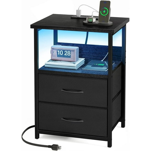 Nightstand with charging station, LED nightstand with USB port and socket, black