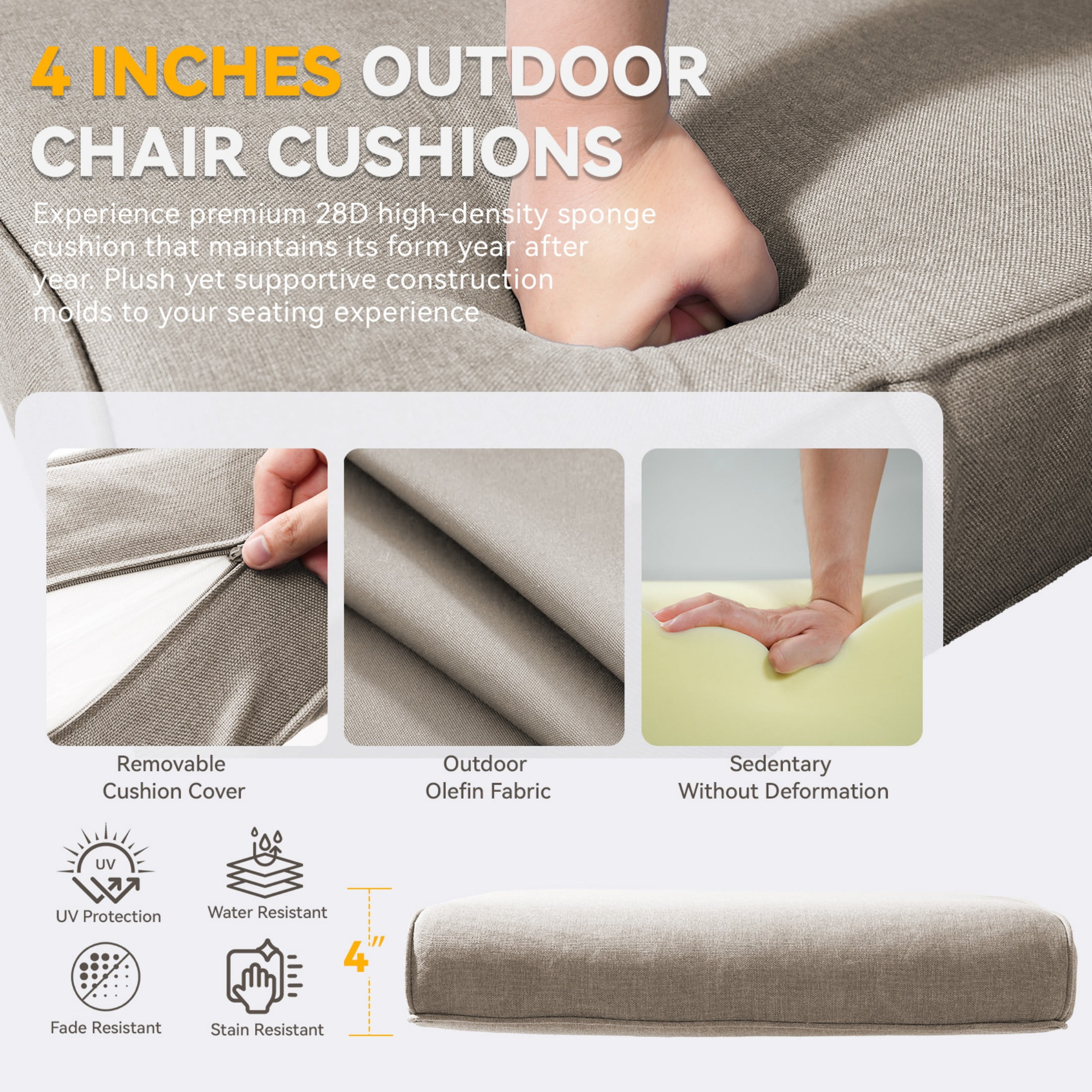Unnifurnzi Outdoor Chair Cushions Set of 6-22 x 25 x 4 Inch High Density Sponge Patio Deep Seat Cushions Outdoor Furniture Cushions for Chair Sofa Couch-Beige