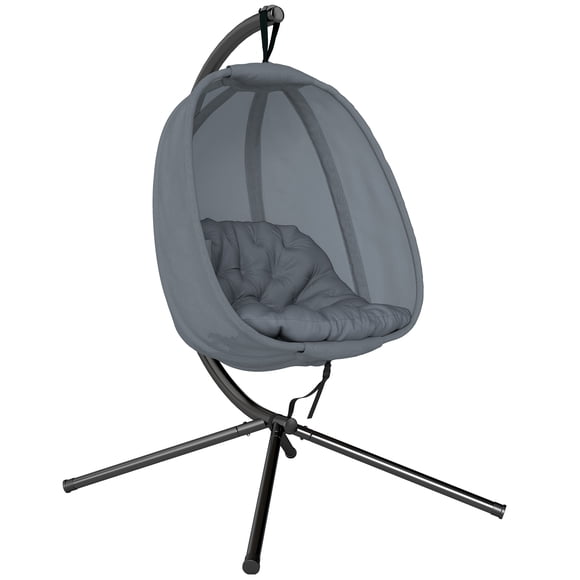 Outsunny Hanging Egg Chair with Stand and Folding Basket, Grey