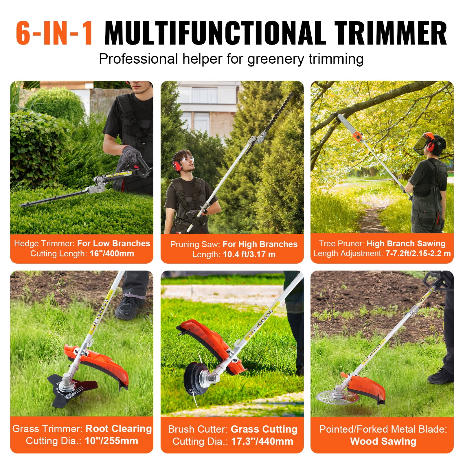 KFFKFF 43CC 6-in-1 Versatile Gardening Tools, Gas-Powered Hedge Trimmer, Weed Trimmer, String Cutter, Brush Slicer, Edge Trimmer, and Pole Saw Pruner with Extendable Shaft