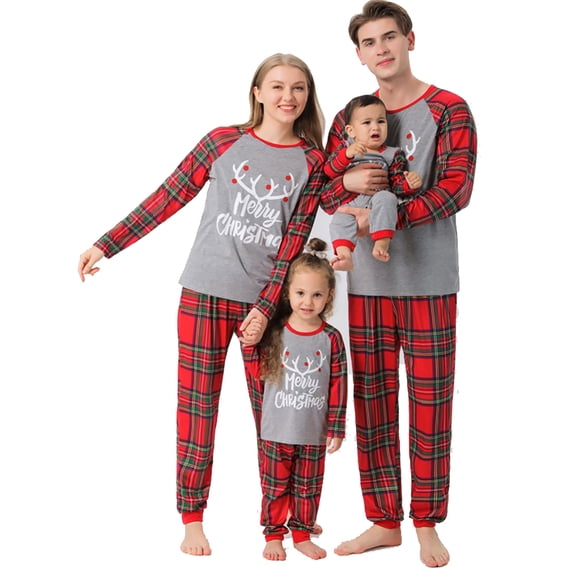Matching Family Pajamas Sets Christmas PJ's Santa Elk Deer Print Top and Buffalo Plaid Pants Bottom 2Pcs Sleepwear