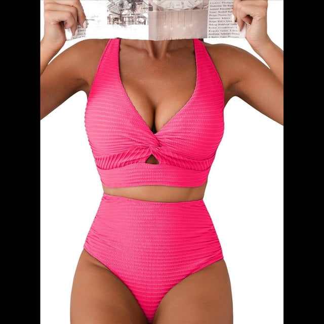 Conjuntos de Bikini Texturizados para Mujer, Trajes de Baño con Parte Superior y Cintura Alta. Rosa L