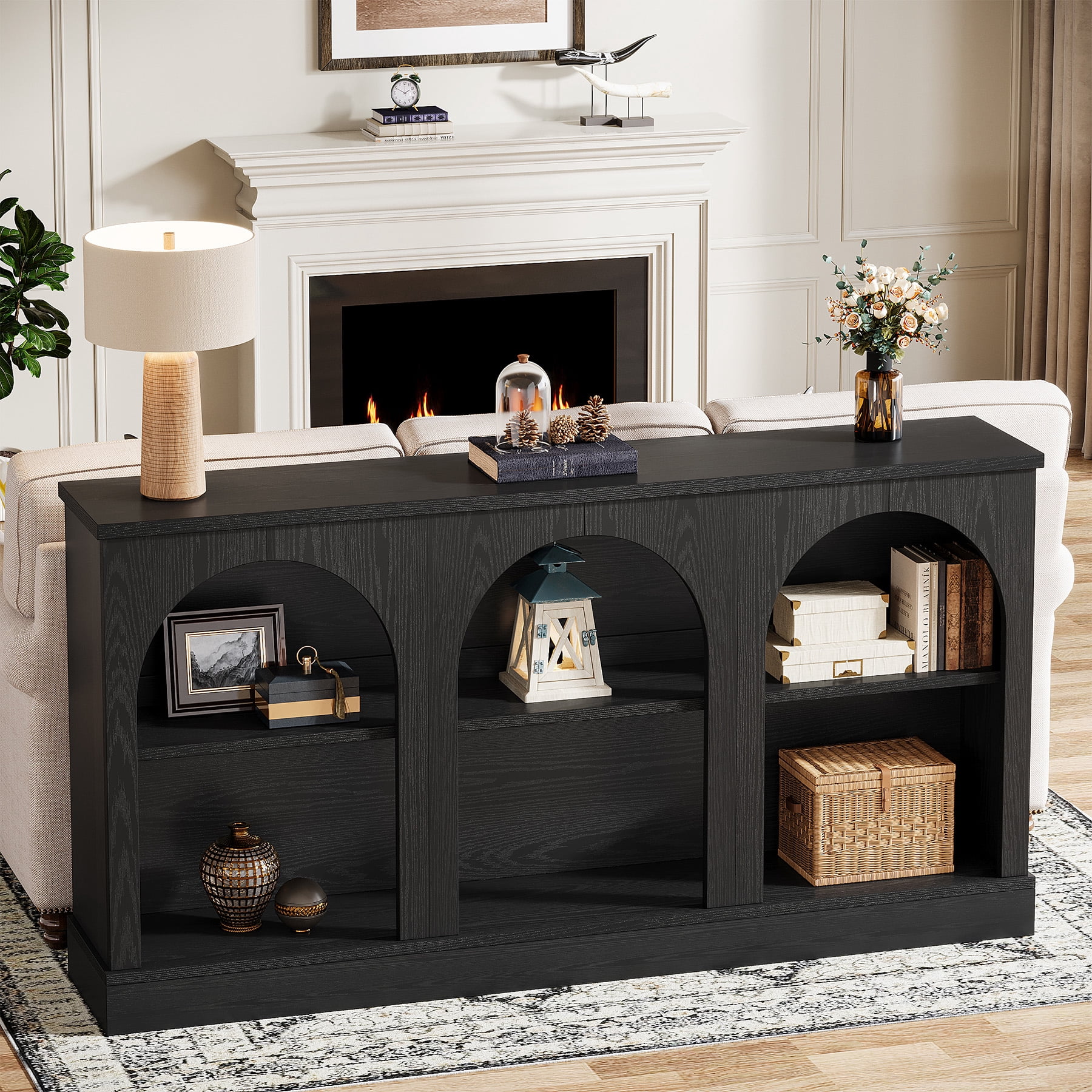 Tribesigns Farmhouse Console Table, 63-inch 3 Tier Entryway Table with Storage, Wooden Sofa Console Behind the Couch for Hallway, Black