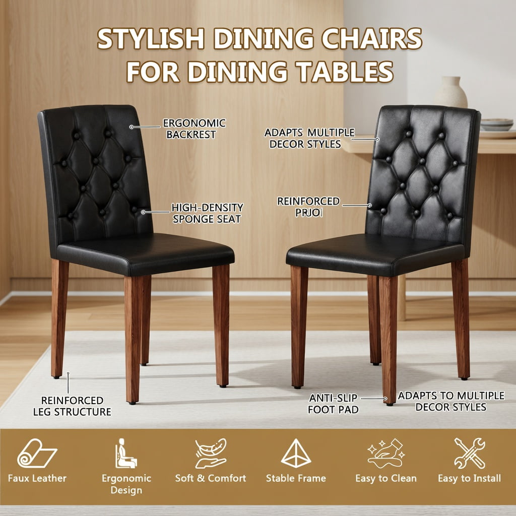 Hommoo 2-Pack PU Leather Dining Chairs with Metal Legs, Ergonomic Buckle Backrest, Adjustable Non-Slip Feet, Modern Luxury Design for Home & Commercial Use, Black & Brown