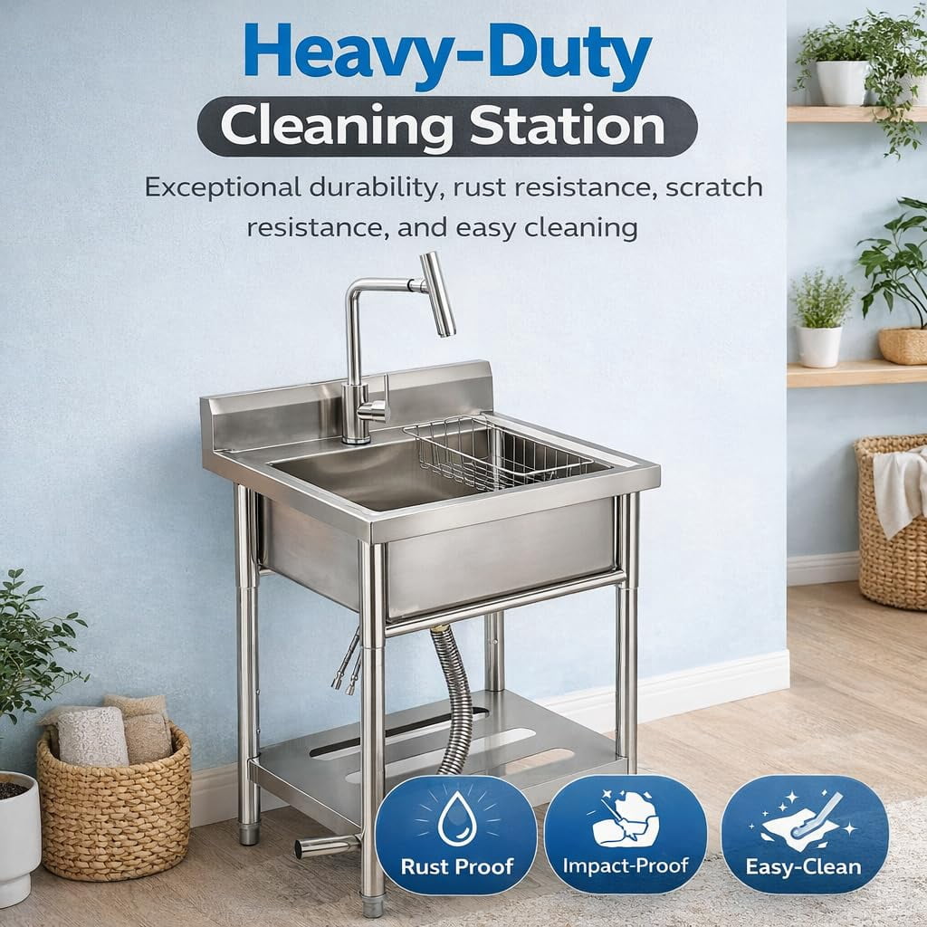 Kicctian Stainless Steel Utility Sink, 24'' × 21'' × 36'' Freestanding Stainless Steel Single Bowl Laundry Sink with T Shape Faucet for Kitchen, Bathroom, Garage or Basement