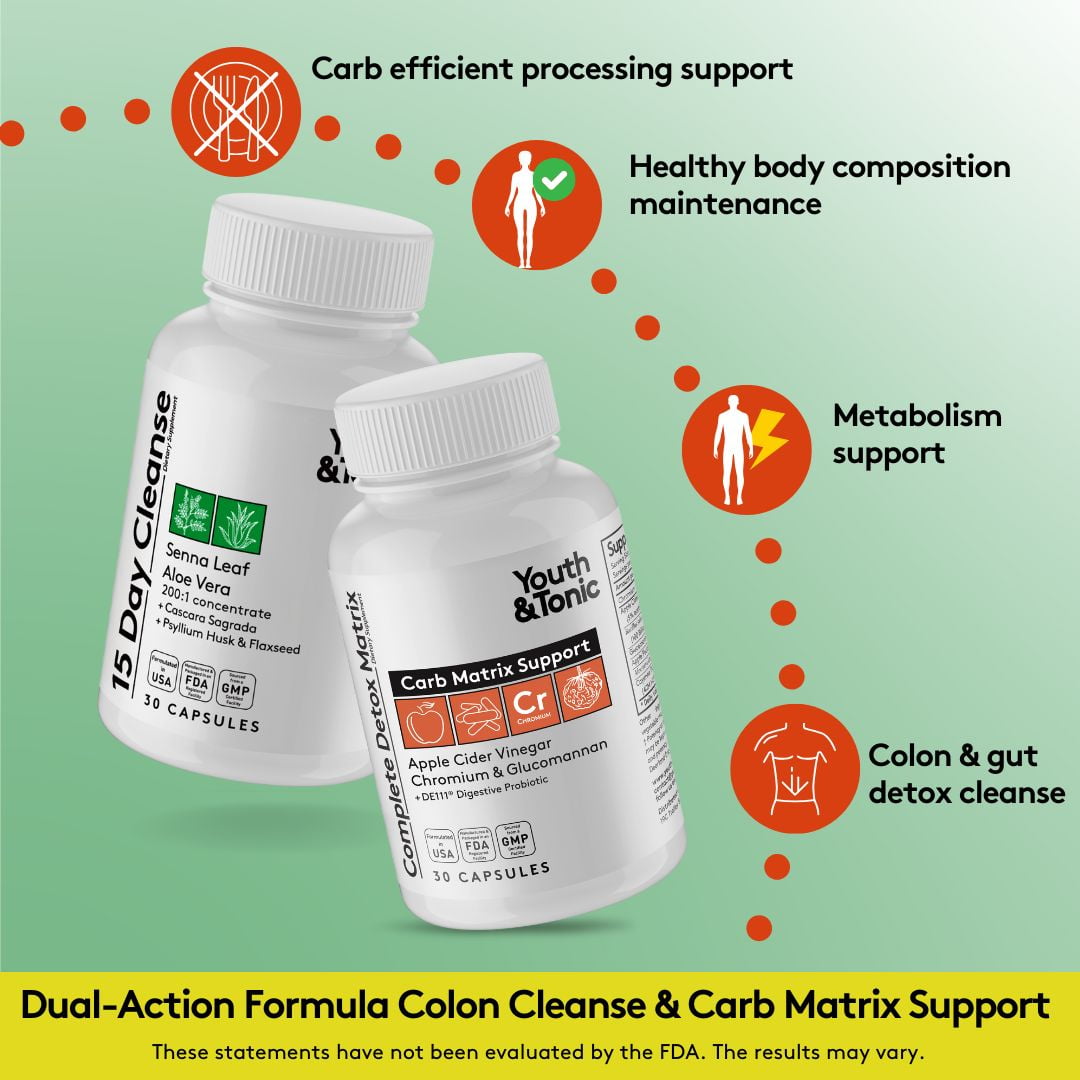 Youth & Tonic Herbal Colon Cleanser and Detox Weight Loss Pills with Senna Chromium ACV Probiotics