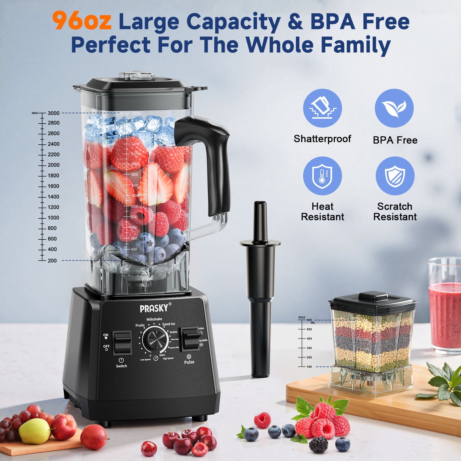 PRASKY 2-in-1 Professional Countertop Blender 96oz Large Capacity 1000W Blender for Smoothies Fruit