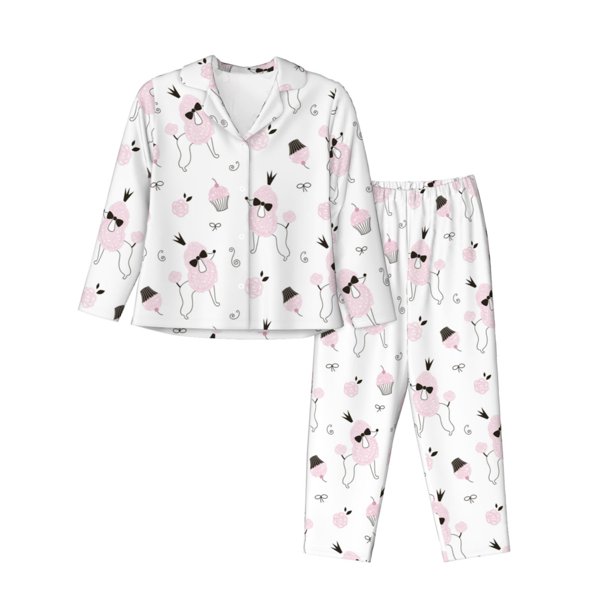Fotbe Cute Poodle Dog Conjunto de Pijama de Manga Larga para Mujer con Estampado, Ropa de Dormir de 2 Piezas, Conjunto de Casa Suave y Cómodo con Bolsillos-X-Large
