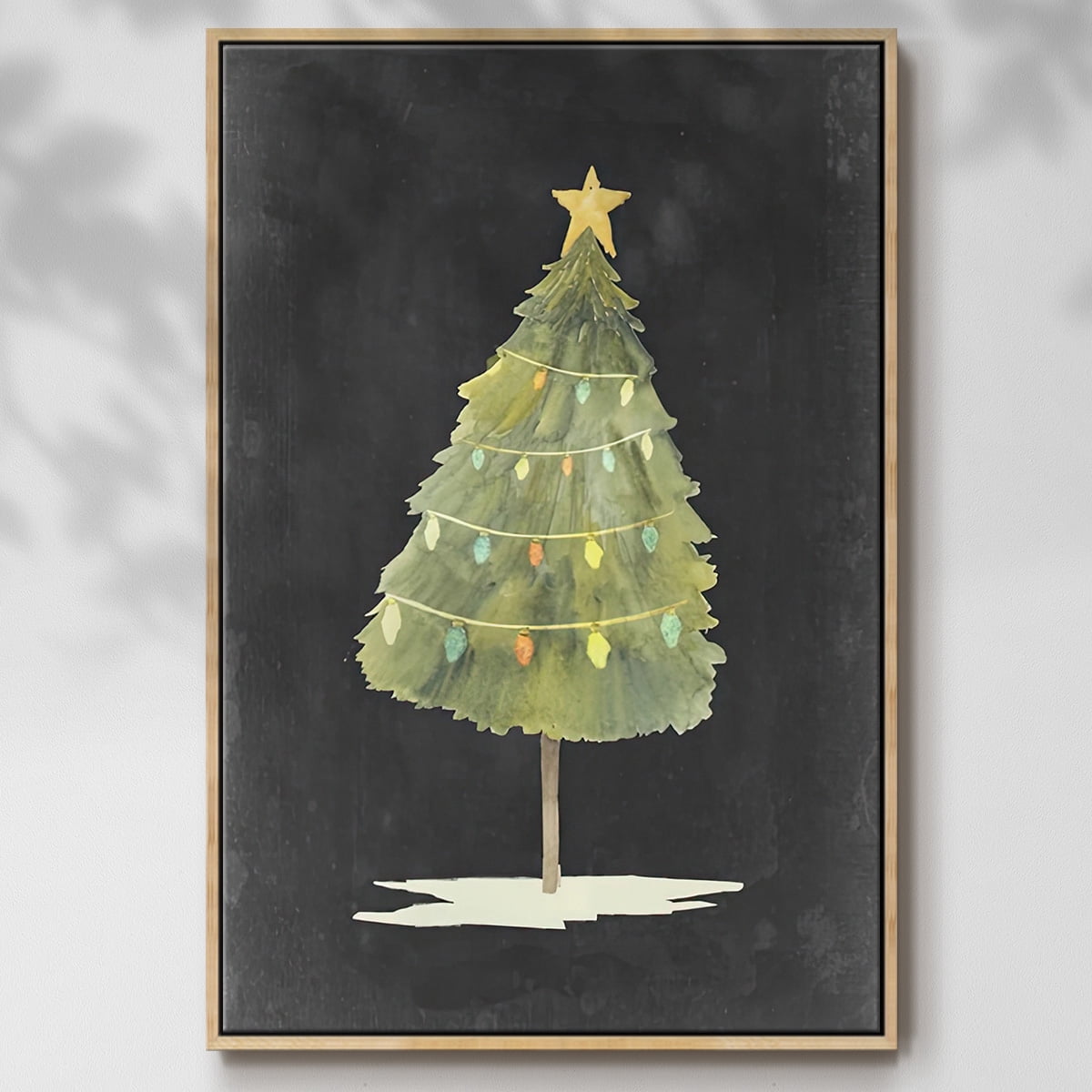 Christmas Glow I - Framed Gallery Wrapped Holiday Canvas - 25 x 37 - Natural Wood Frame