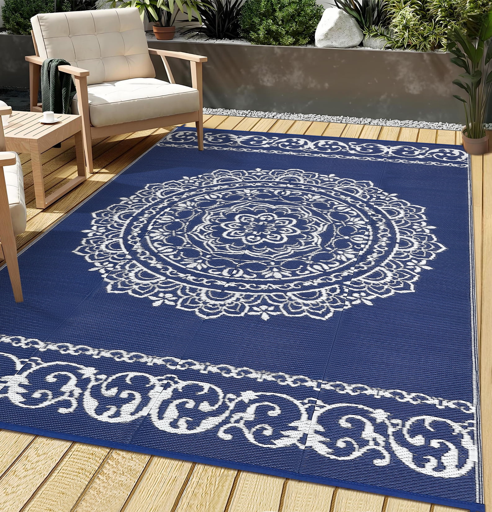 Haperlare 9'x18' Outdoor Rug for Patio, Waterproof Reversible Plastic Straw Rug Boho Indoor Outdoor UV Resistant Camping Carpet for RV, Backyard, Deck, Picnic, Dark Blue and White