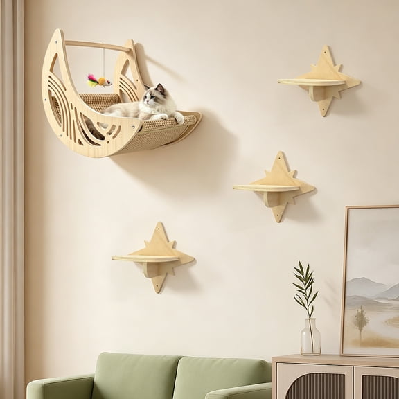 ZALALOVA Moon & Star Cat Wall Shelves, Modern Cat Furniture Perch for Indoor Cats | Wooden Kitten Shelves with Decorative Cutouts, Space-Saving, Stable & Safe, Paintable, Pre-Drilled, Cat Climbing