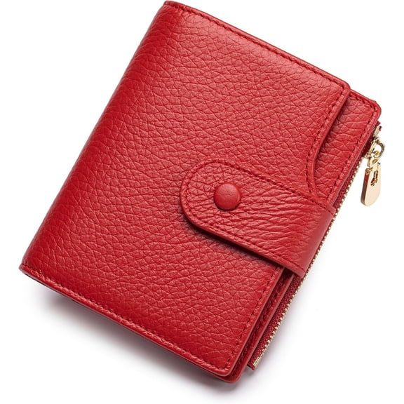 Genuine Leather Wallets for Women RFID Blocking Bifold with Zipper Pocket, 2 ID Windows, 18 Card Slots, Red
