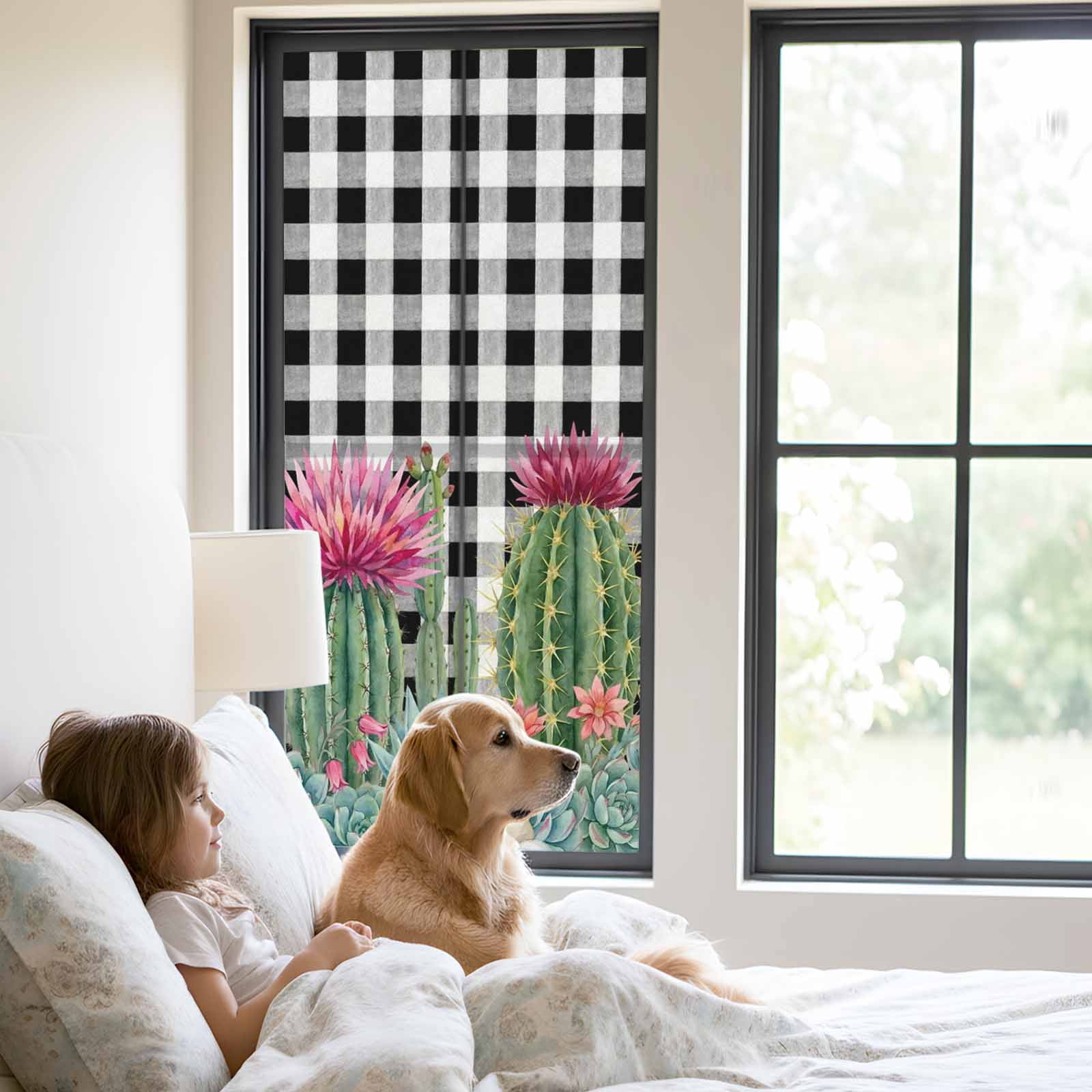 Summer Botanical Window Privacy Film, Tropical Saguaro Opuntia Green Cactus Black Plaid Frosted Glass Window Clings Static Cling UV Heat Blocking Reusable Door Sticker for Bathroom 23.6 x 59 Inch
