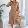 thumbnail image 3 of Women's Dress Long Sleeve Lapel Collar Solid Color Waist Defining Pleated Skirt Midi Dress for Spring Fall,Khaki,L, 3 of 8