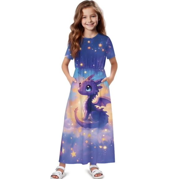 Uourmeti Kids Girls Short Sleeve Purple Dragon Sky Print Dress Summer Casual Loose Dresses Cute Holiday Long Maxi Dress with Pockets, Size 9-10 Years
