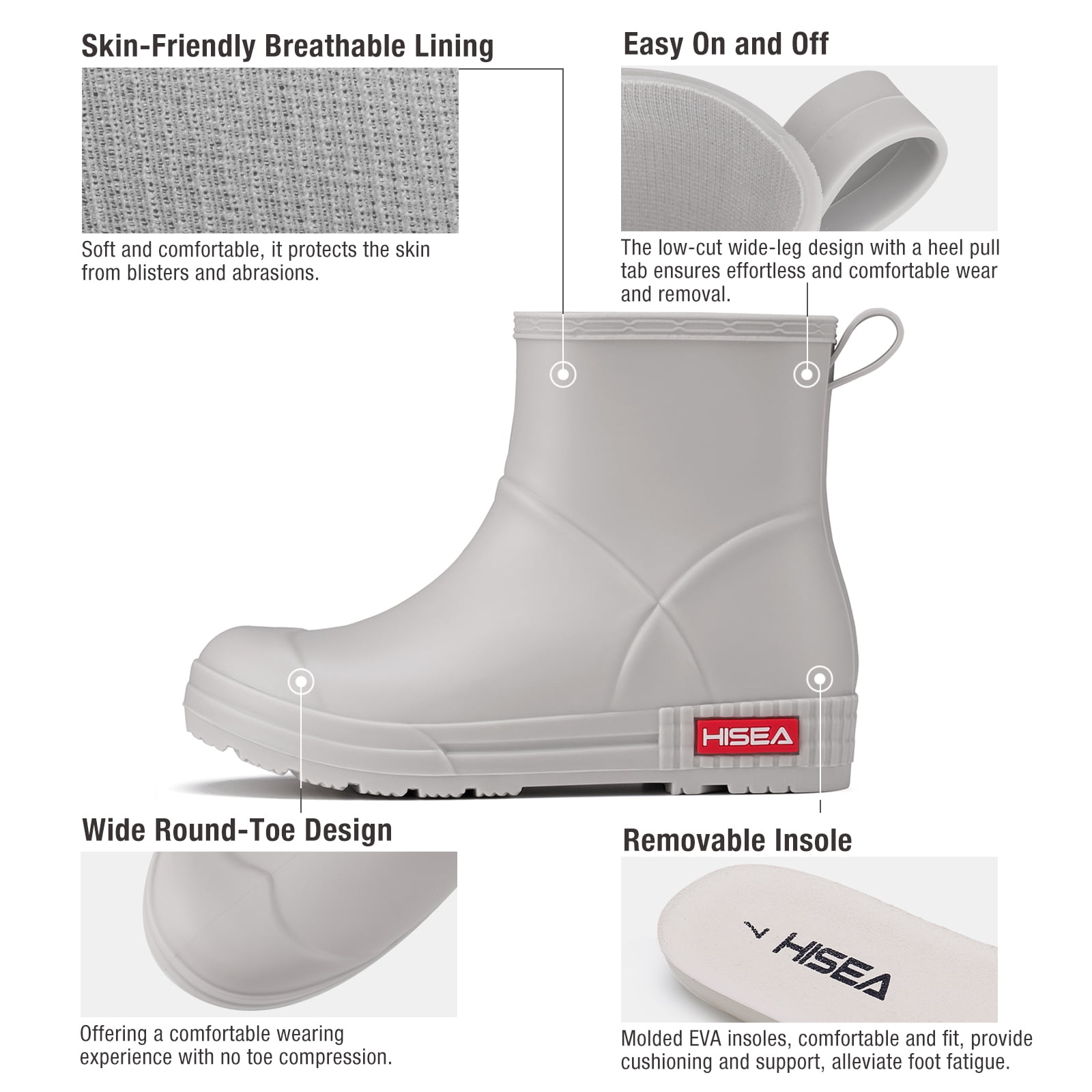 HISEA Waterproof Rain Boots for Women，Chelsea Anti-Slip Garden Work Shoes，Grey，Size 8.5
