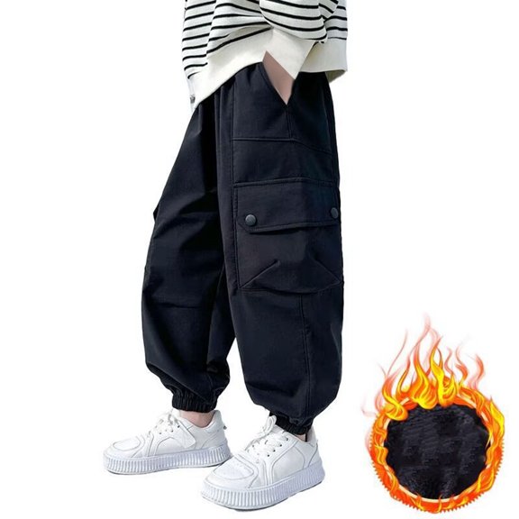 AWZXDE Boys Casual Pants Pocket Cargo Jogger Pants Elastic Loose Fit Warm Lined Trousers For Fall Winter Outdoor Daily Wear Black - 13-14 Years