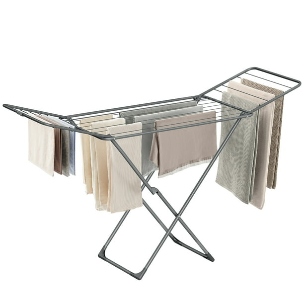 SONGMICS Tendedero de Ropa, Tendedero de Metal, Plegable, Ahorra Espacio, con Alas, Uso en Interiores y Exteriores, Para Ropa de Cama, Gris