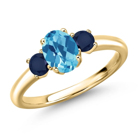 Gem Stone King 10K Yellow Gold Swiss Blue Topaz and Blue Sapphire Engagement Ring for Women | 1.44 Cttw | Oval Checkerboard 7X5MM | Gemstone November Birthstone | Size 5