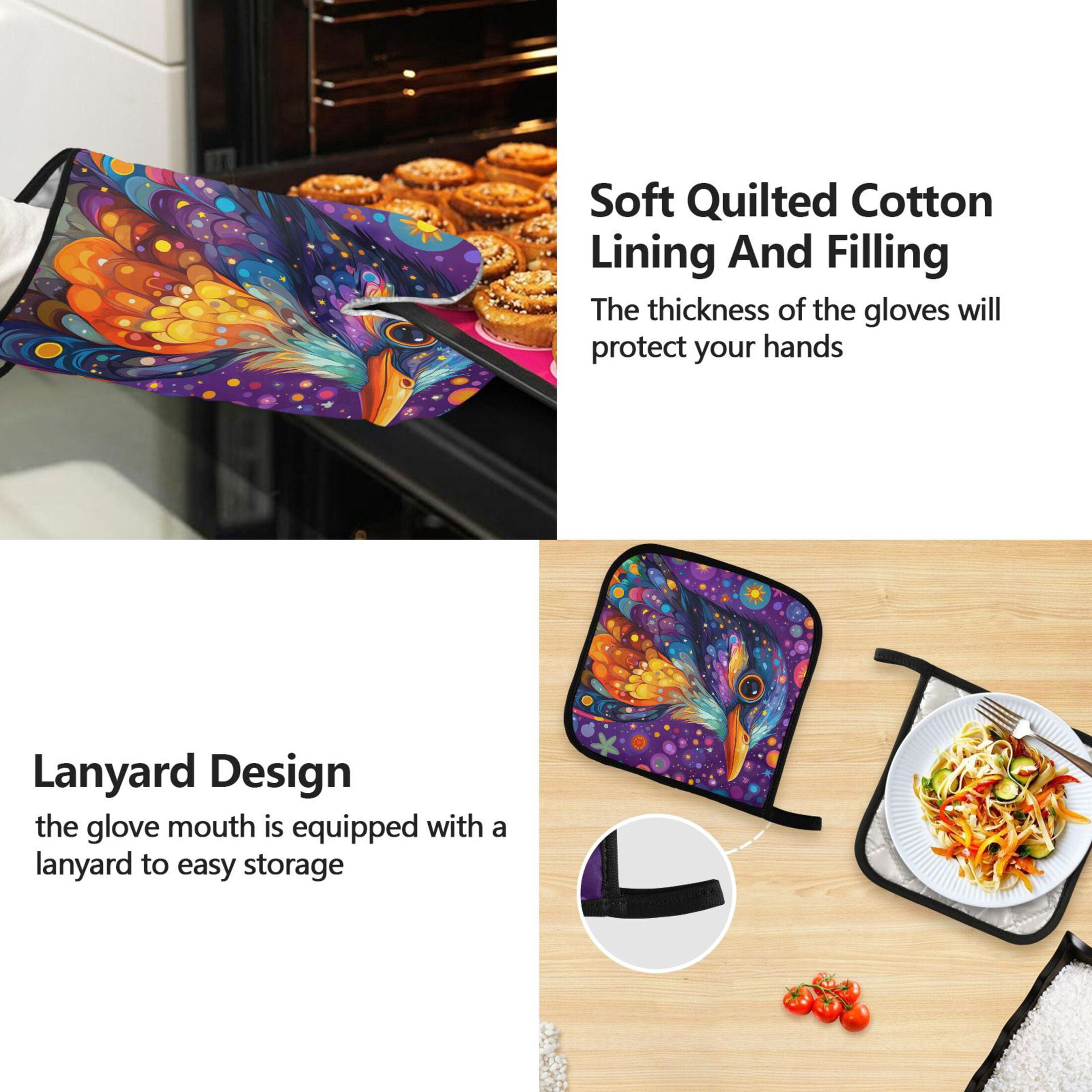 Cute Bird and Star 5 Pcs Kitchen Set Heat Resistant Oven Mitts and Non-Slip Pot Holders with Adjustable Cooking Apron