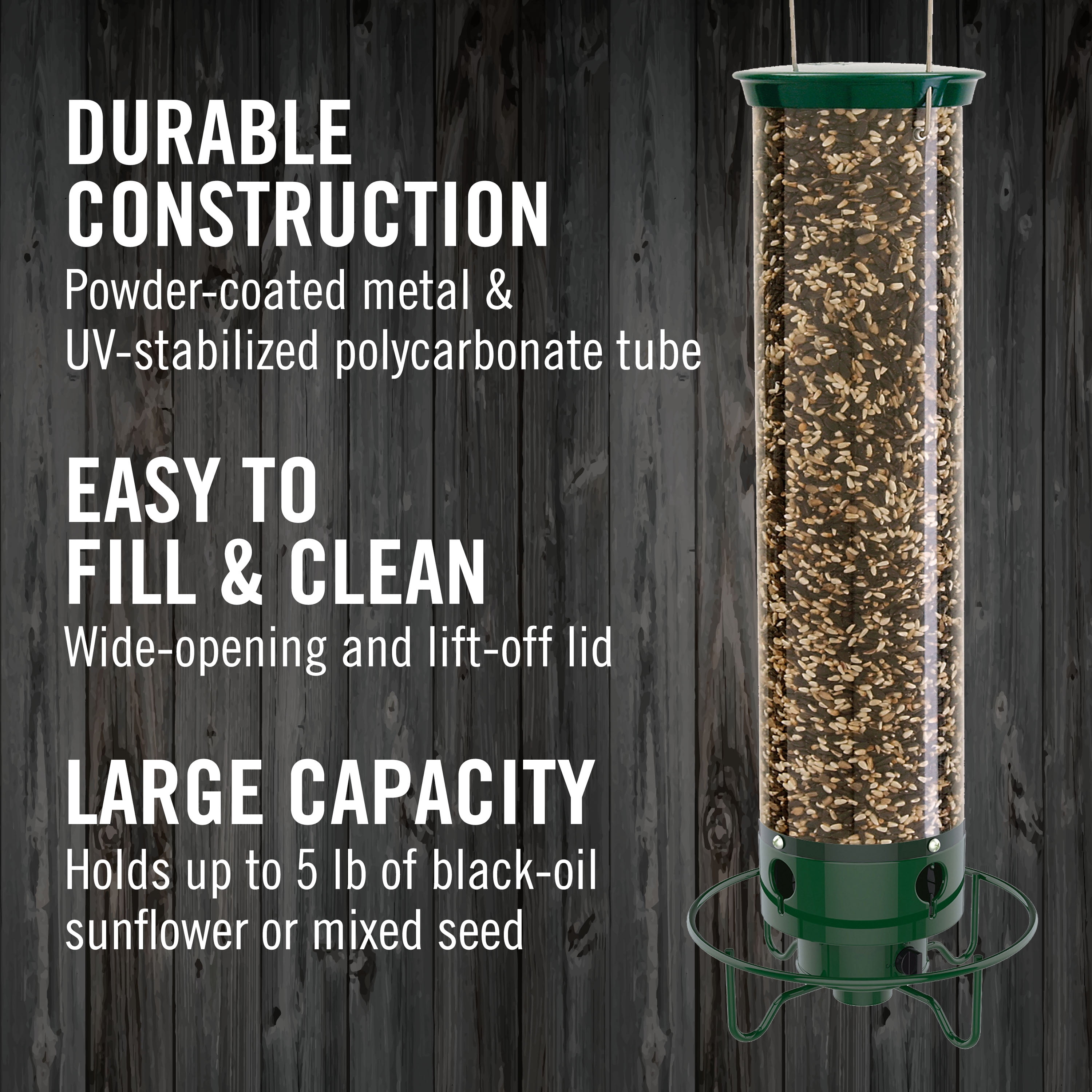 Droll Yankees Squirrel Proof Bird Feeders for Outdoors - YF-M - Flipper, Collapsible Perches, 5-Pound Seed Capacity, Green