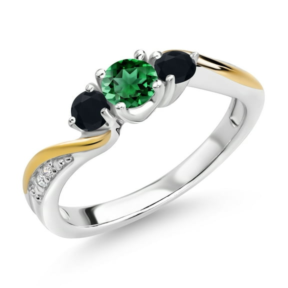Gem Stone King 925 Sterling Silver Green Nano Emerald Black Onyx and White Lab Grown Diamond 3 Stone Engagement Ring for Women (0.53 Cttw, Gemstone May Birthstone, Size 5)