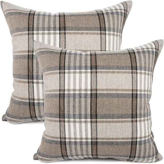 Retro Farmhouse Outdoor Buffalo Tartan Chequer Plaid Cotton Linen Decorative Throw Pillow Case Cushion Cover Pillowcase for Sofa 18 x 18 Inch, Set of 2, Khaki/Stripe