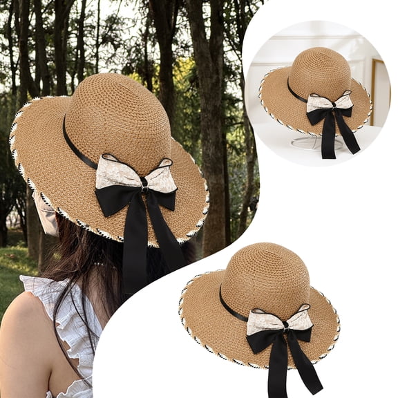 Waroomhouse Women Straw Hat Contrast Color Bow-knot Decor Hollow Out Wide Brim Round Sun Protection Decorative Flower Embroidery Lady Sun Hat Headwear