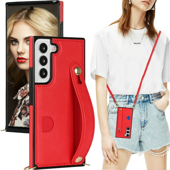 CCSmaller for Samsung Galaxy S23 Case with Card Holder for Women, Phone Case Crossbody with Wrist Strap & Removable Adjustable Shoulder Lanyard Cover for Samsung Galaxy S23 KB Red